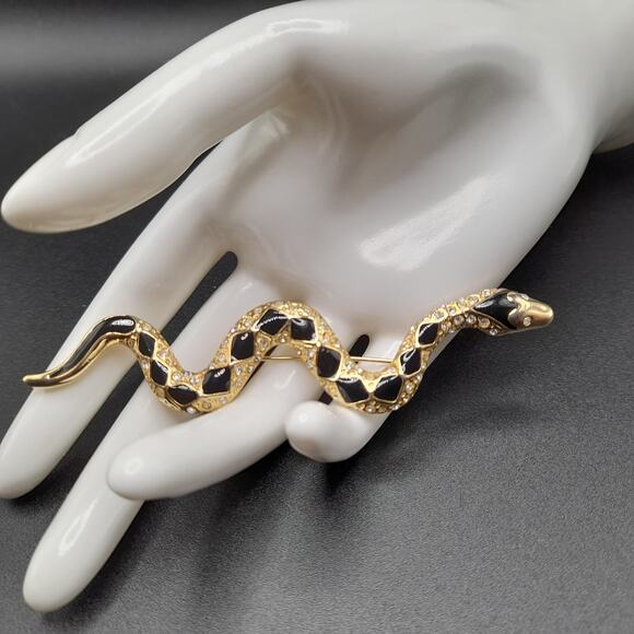 Vintage Snake Brooch, Black Enamel, Clear Rhinestones, 80s Jewelry - Picture 2 of 11